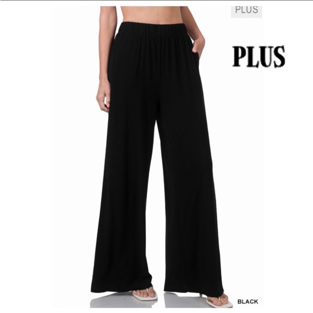 NEW ZENANA Soft Flowy BLACK Palazzo Pants with POCKETS